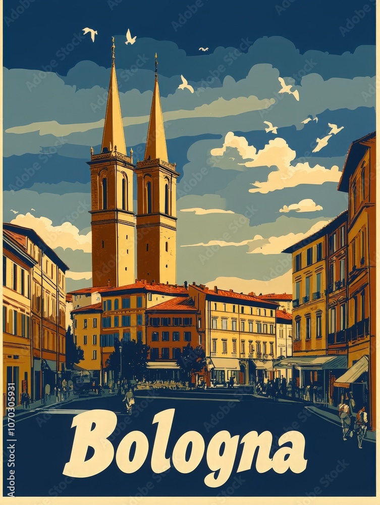 This vintage travel poster showcases Bolognas famous towers set against a vibrant sky. People stroll along the streets, highlighting the citys rich architecture and inviting atmosphere.
