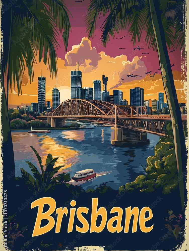 This vintage travel poster showcases Brisbanes stunning riverside, highlighting the skyline and the famous bridge at sunset, evoking a sense of adventure and exploration in the city.