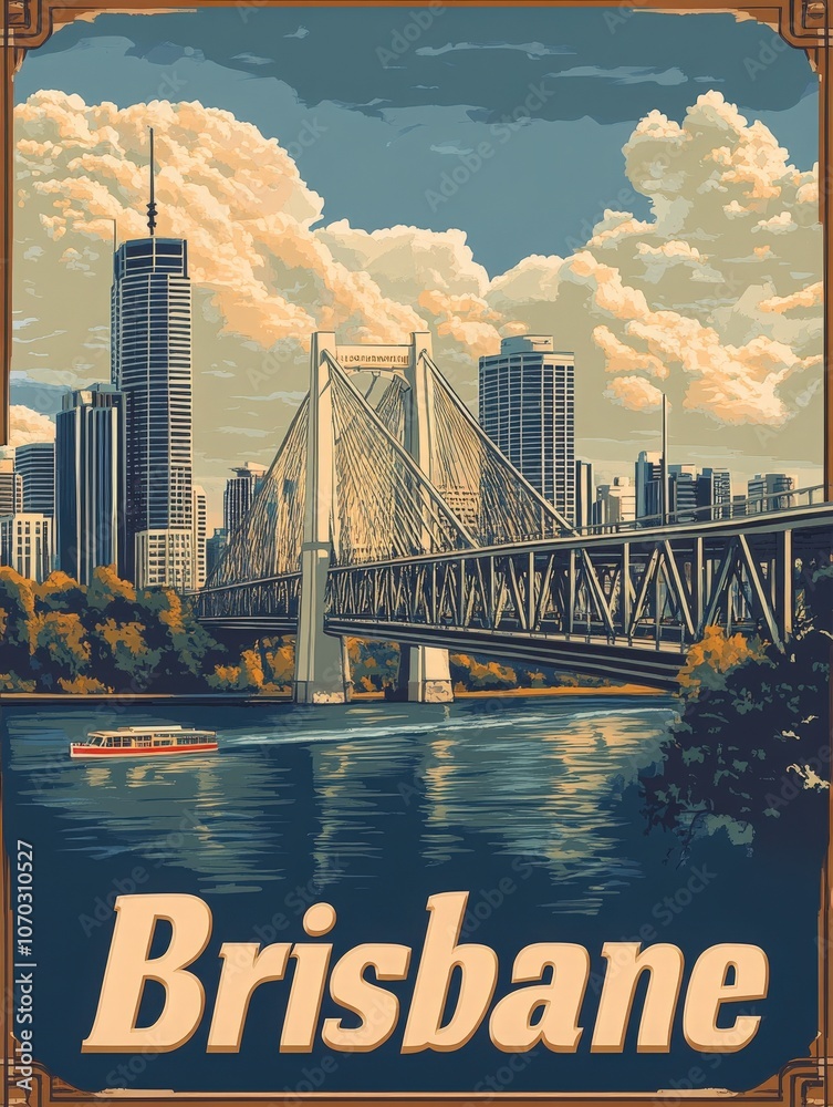 This vintage travel poster showcases Brisbanes stunning skyline and the iconic bridge spanning the river. A riverboat adds to the nostalgic atmosphere of this vibrant city.