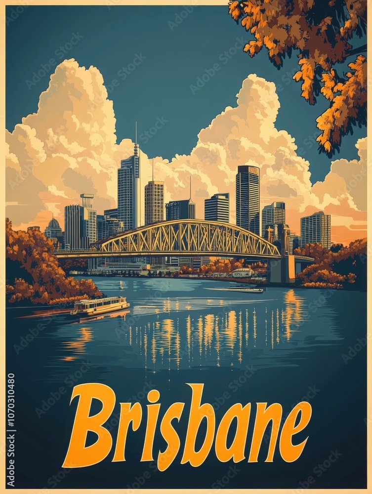 This vintage travel poster showcases Brisbanes stunning skyline, featuring the iconic bridge and a serene river, capturing the charm and beauty of the city during a golden sunset.