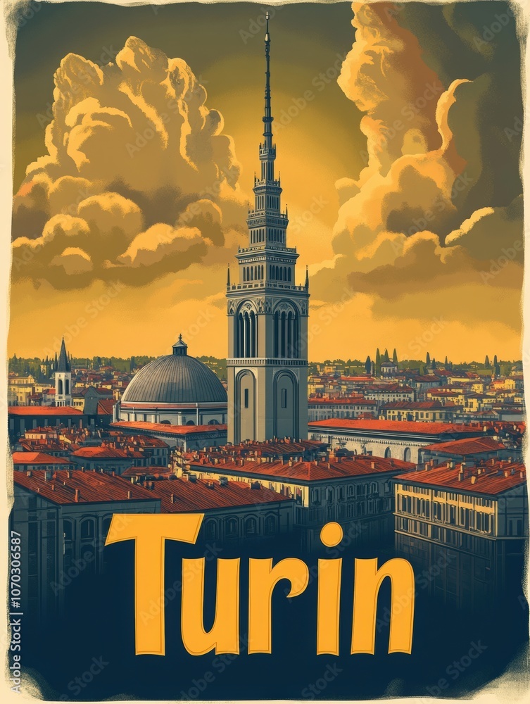 This vintage travel poster showcases Turins iconic skyline, featuring historic buildings and majestic clouds. The design captures the essence of the citys rich culture and architectural beauty.