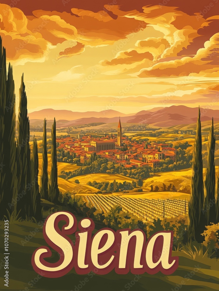 This vintage travel poster showcases the beautiful city of Siena, highlighting its iconic skyline surrounded by rolling hills and vineyards under a warm sunset.