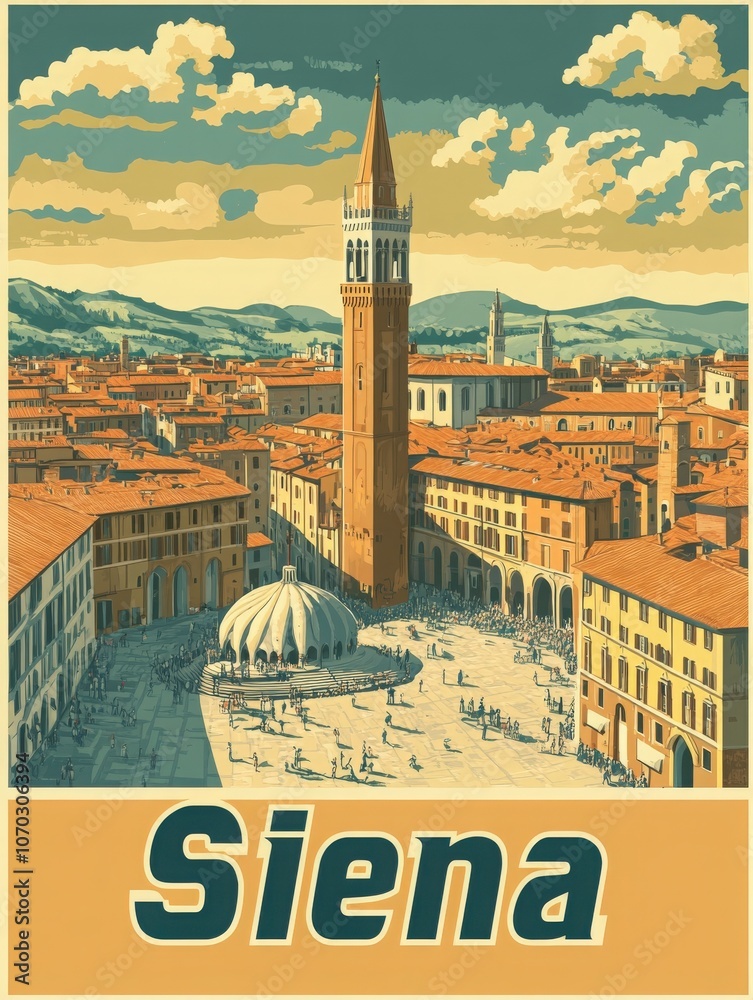 This vintage travel poster showcases the enchanting city of Siena, highlighting its iconic tower and lively central square bustling with visitors amidst picturesque architecture and rolling hills.