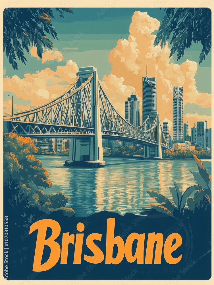 This vintage travel poster showcases the stunning Brisbane skyline, highlighting the famous bridge over the river, surrounded by lush greenery and vibrant blue skies.