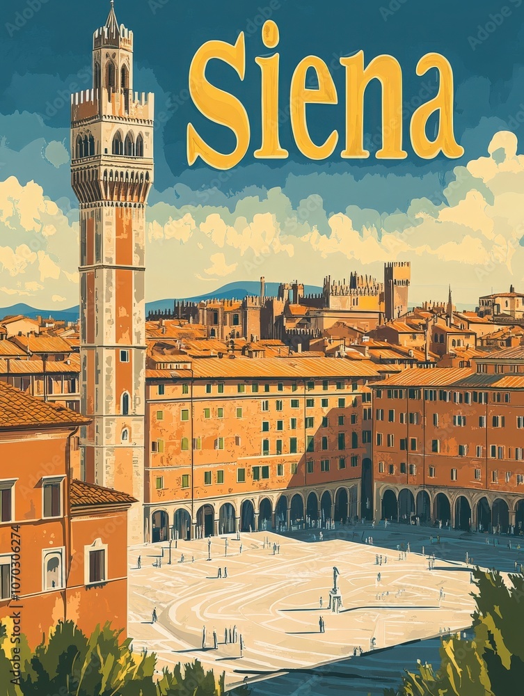 This vintage travel poster showcases the stunning architecture of Siena, highlighting the famous tower and historic Piazza del Campo. The artwork captures the essence of the citys rich heritage.