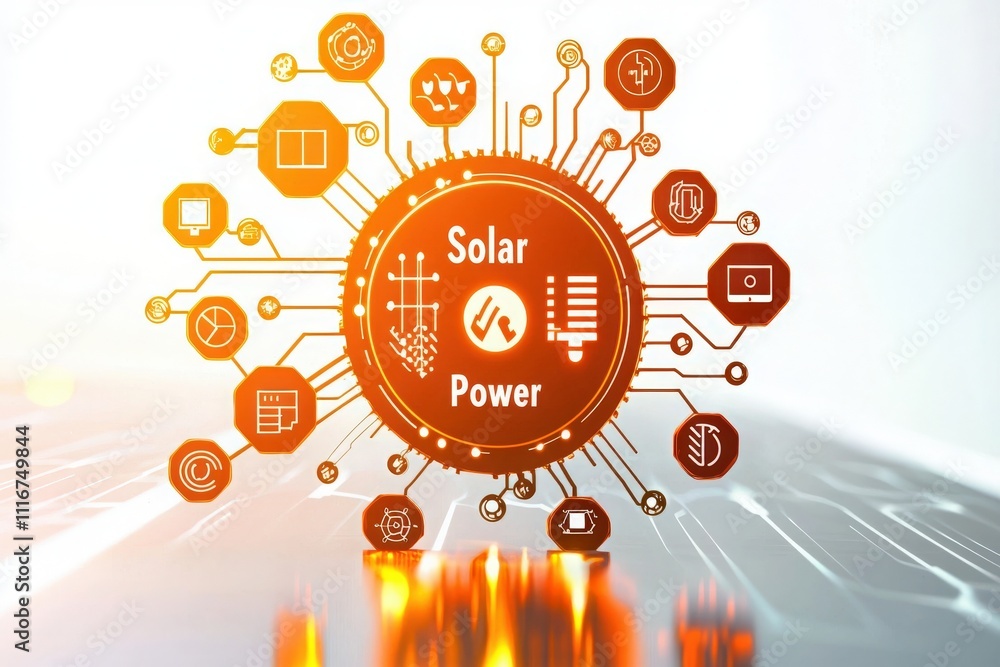This visual illustrates the concept of solar power, featuring various icons that represent different aspects of renewable energy technology. The design emphasizes clean energy innovations.