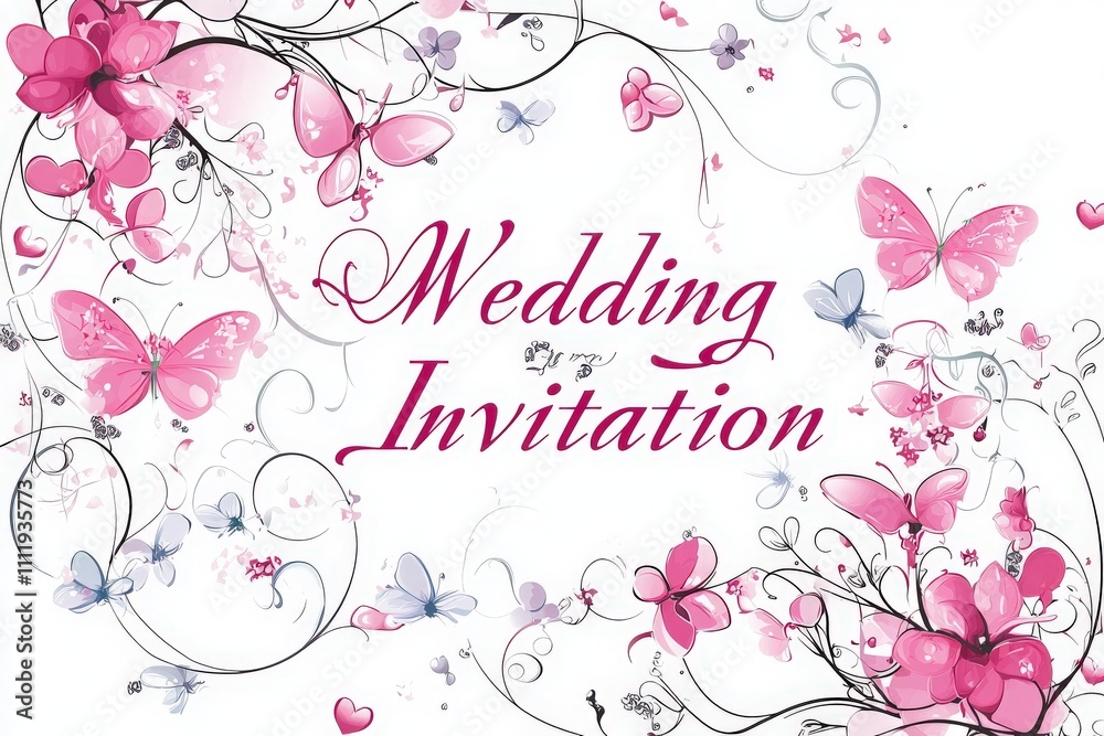 This wedding invitation design showcases elegant butterflies and delicate floral patterns in shades of pink and purple. It captures the essence of romance and celebration for a special day.