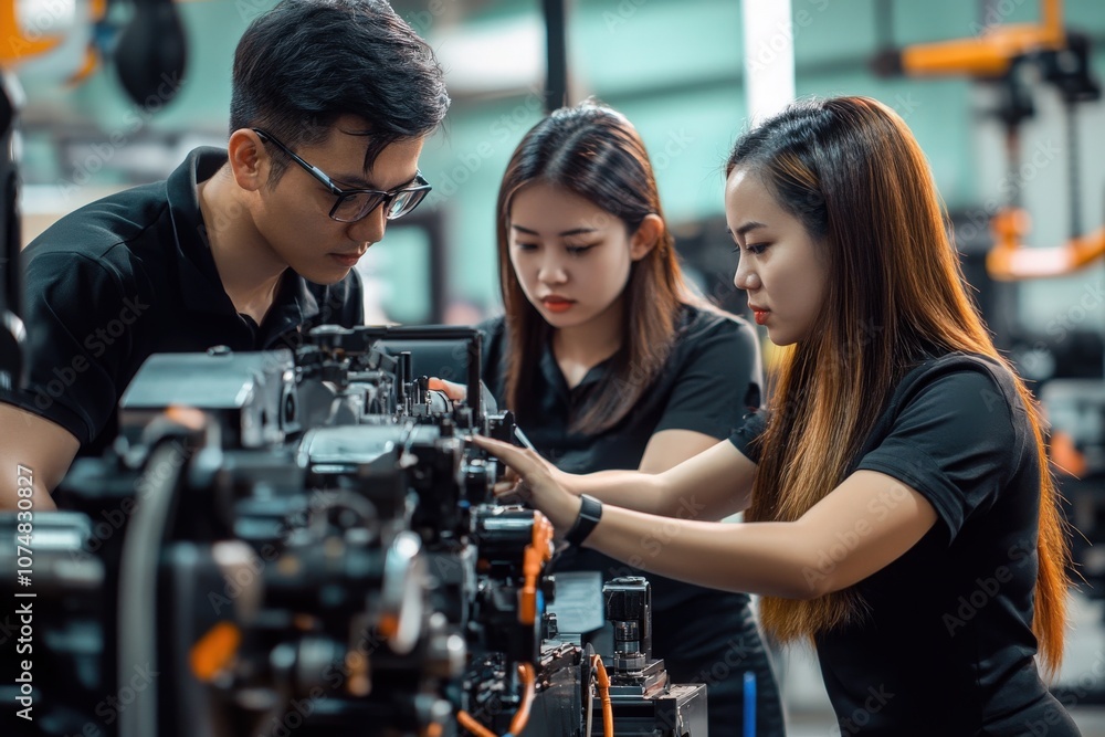 Three Asian individuals meticulously inspect machinery components for quality assurance in a well-lit workshop. Their attention to detail showcases commitment to engineering standards.