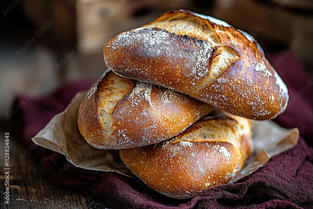 Three crusty bread loaves stack on brown parchment paper, showcasing their golden crust and soft interior. The rustic wooden table provides a warm, inviting atmosphere perfect for a bakery setting.