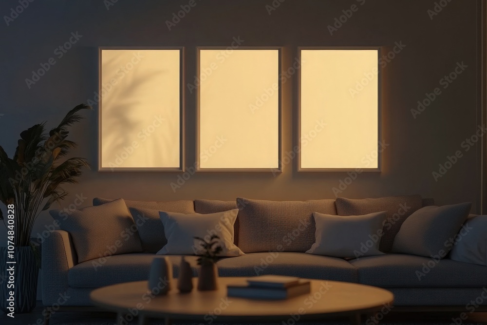 Three empty rectangular frames are aligned side by side on a dimly lit wall, casting a warm glow. A cozy sofa with decorative pillows sits in front, evoking a tranquil atmosphere.