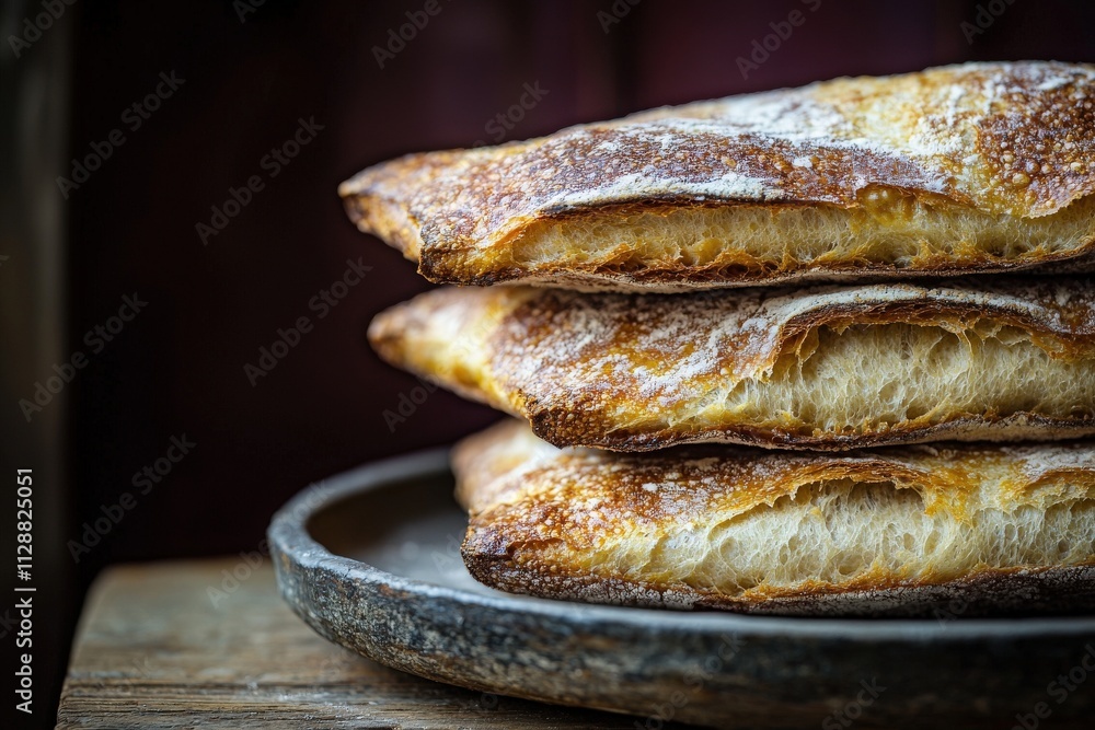 Three golden-brown pieces of crusty artisan bread are elegantly stacked on a rustic plate, showcasing their airy texture. The warm lighting adds a cozy feel to the kitchen environment.