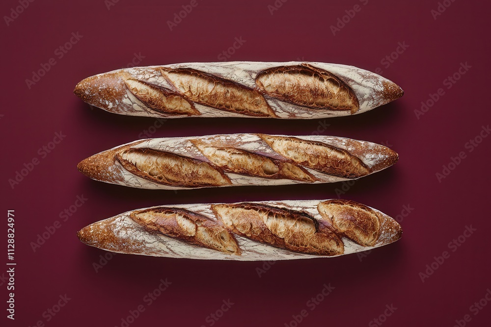 Three golden brown baguettes with crispy crusts are neatly placed on a deep red surface, showcasing their beautiful texture and oven-fresh appearance, evoking a warm bakery atmosphere.