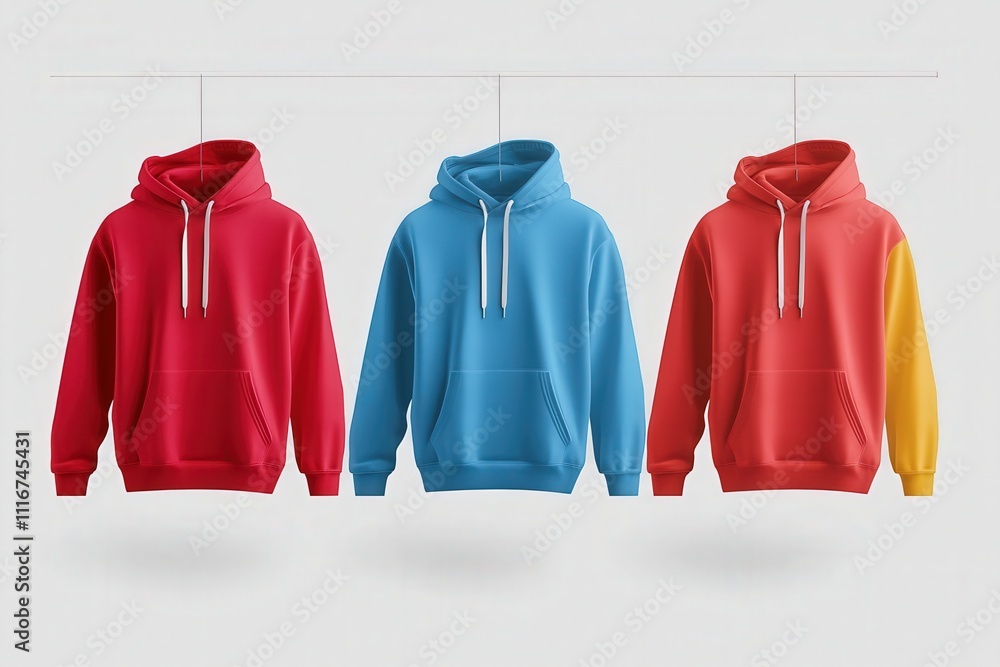 Three hoodies in bright colors hang against a neutral background. The left hoodie is red, the middle one is blue, and the right one features a red body with a yellow sleeve, showcasing a modern style.