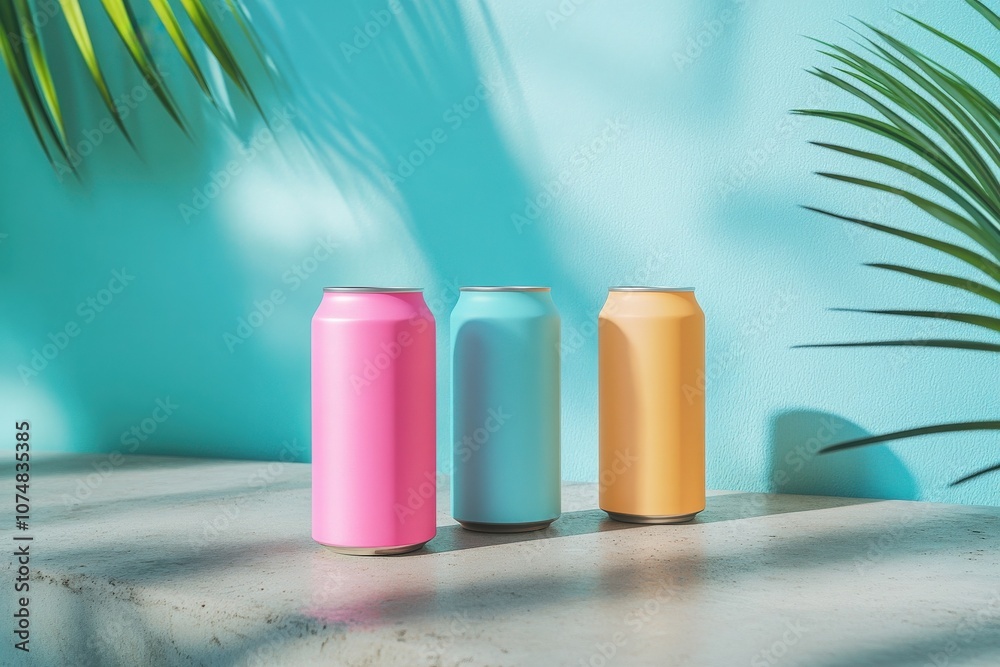 Three vibrant beverage cans in pink, blue, and yellow are placed on a light surface, set against a bright wall with palm leaves casting playful shadows in a tropical setting.