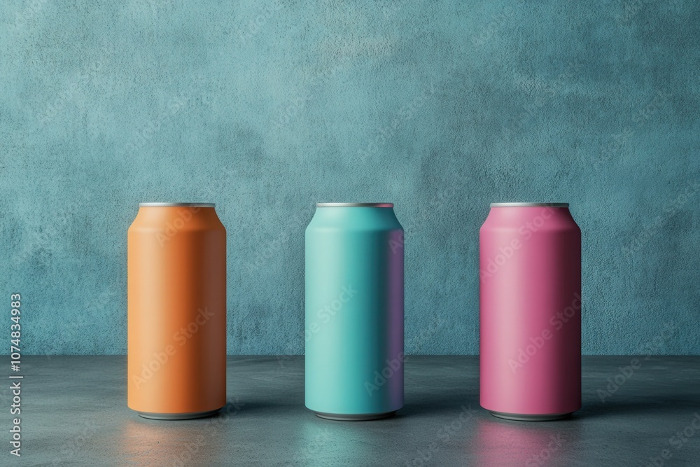 Three vibrant energy drink cans in orange, teal, and pink are arranged on a textured gray surface, contrasting against a soft blue wall, ideal for showcasing beverage designs or marketing concepts.