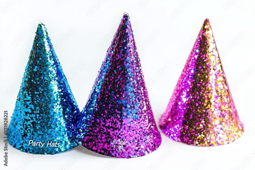 Three vibrant party hats shine with glitter, featuring blue, pink, and purple colors. Perfect for parties, birthdays, or festive events, these hats invite joy and excitement.