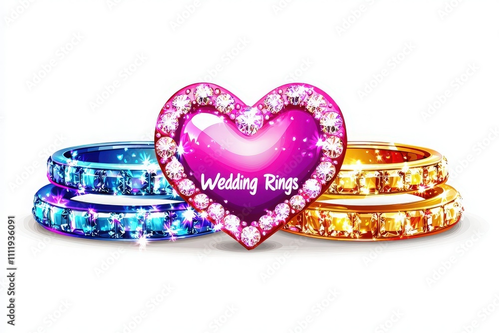 Three vibrant wedding rings are arranged in front of a decorative heart, adorned with jewels. The rings feature blue, gold, and multicolored stones, symbolizing love and commitment.