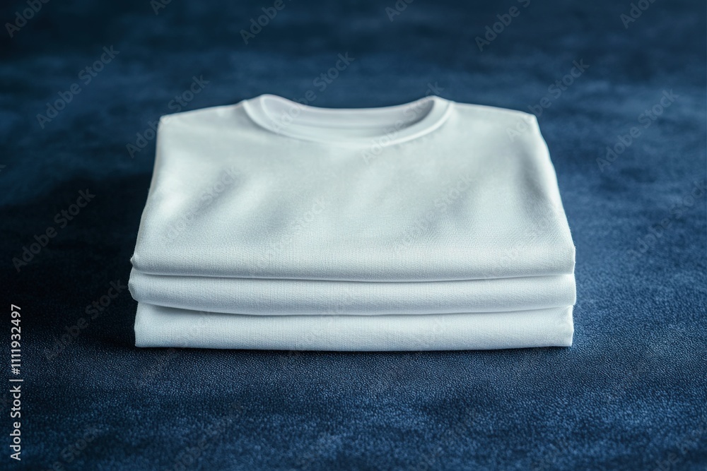 Three white t-shirts are neatly folded and stacked on a deep blue fabric. The simple arrangement highlights the softness and cleanliness of the garments, perfect for storage or display.