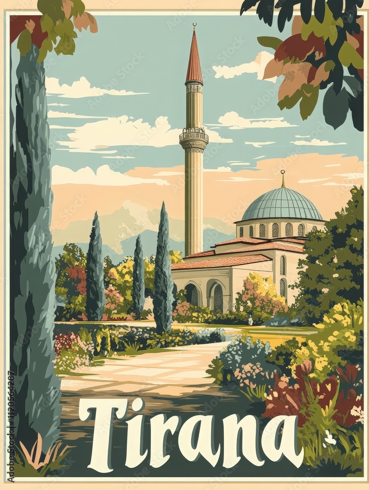 Tirana showcases its rich history with a prominent mosque and lush gardens. Tall trees frame the scene, creating a serene atmosphere amidst the colorful landscape and distant mountains.