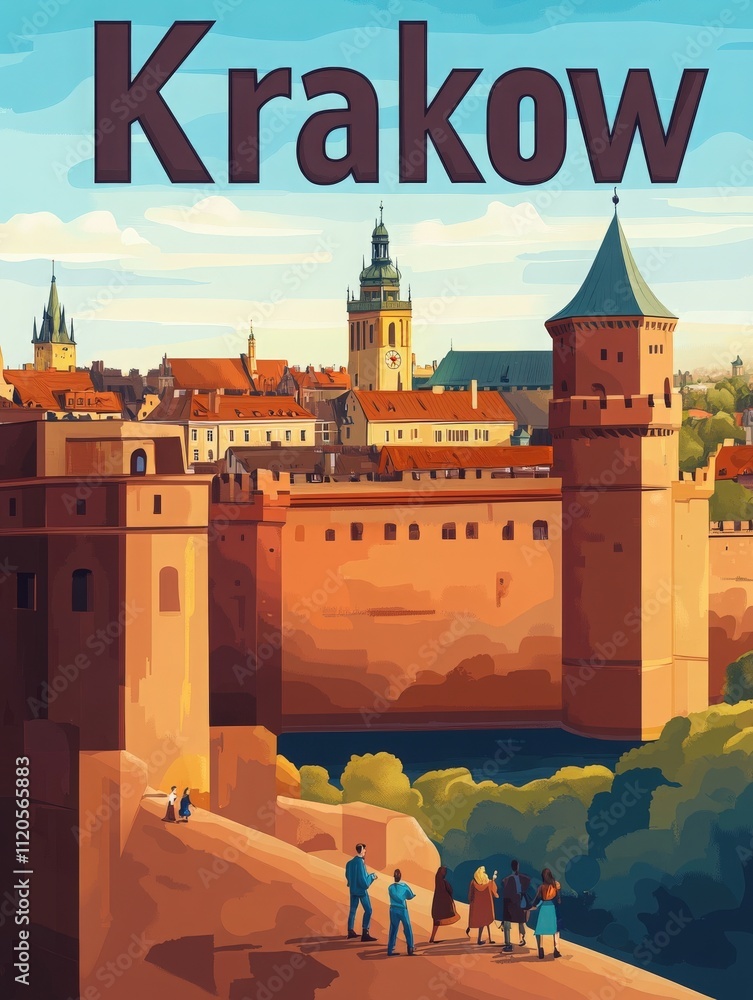 Tourists explore the beautiful architecture of Krakow, taking in the stunning views of the castle and surrounding buildings. The bright sky enhances the vibrant colors of the scene.