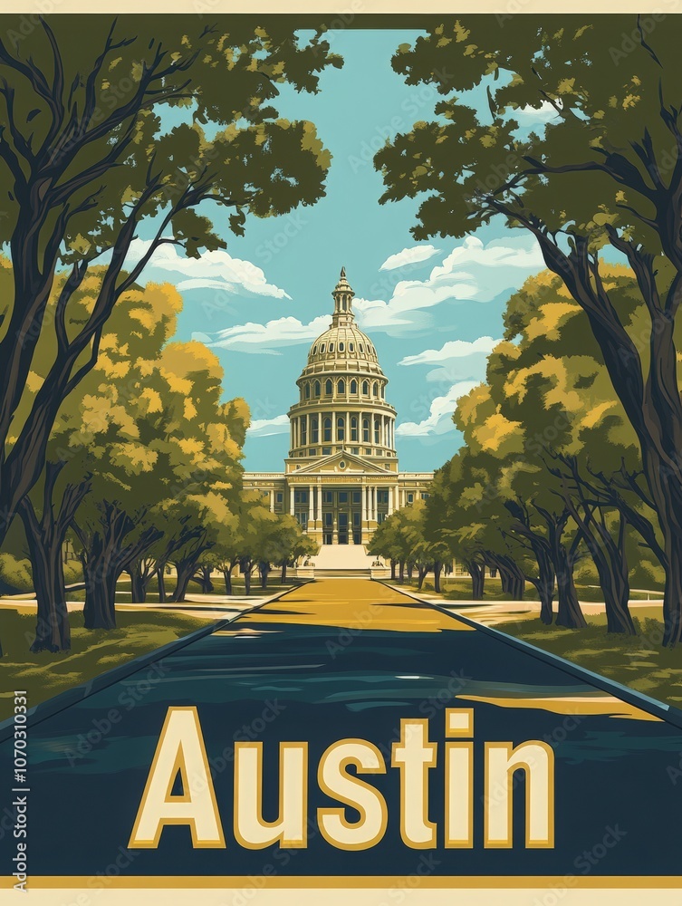 Travel back in time with this vintage poster showcasing Austins iconic Capitol Building framed by lush greenery. A perfect tribute to the citys rich heritage and scenic charm.