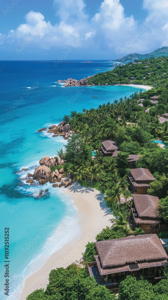 Tropical paradise features pristine white sand beaches and vibrant blue waters under a bright sky. Lush palm trees and luxurious villas complement the serene landscape, creating a perfect getaway.
