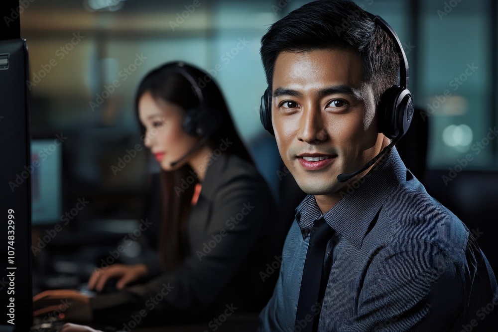 Two Asian IT support specialists are actively engaged in assisting clients. The male technician is focused, wearing a headset, while a female colleague works diligently at her computer.
