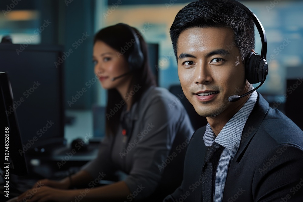 Two Asian IT support specialists are engaged in providing technical assistance to clients in a contemporary office setting. They are equipped with headsets and focused on their computer screens.