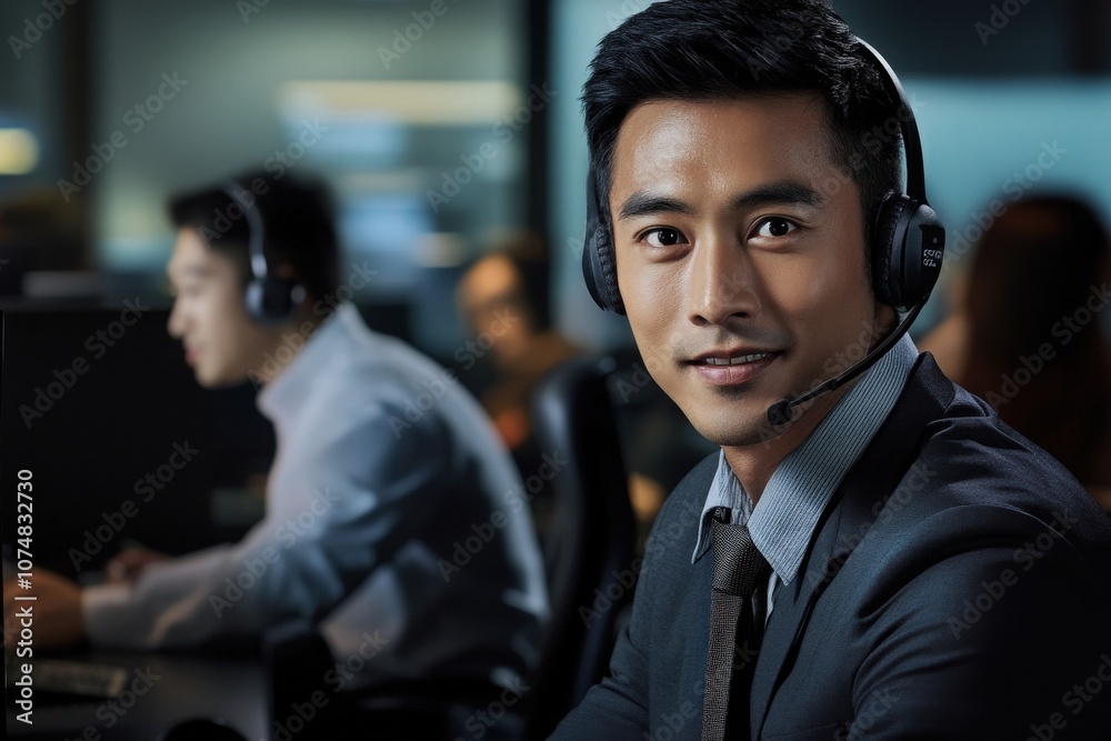 Two Asian IT support specialists provide assistance to clients while working in a busy, high-tech office. The focus is on customer service and problem-solving in a collaborative setting.