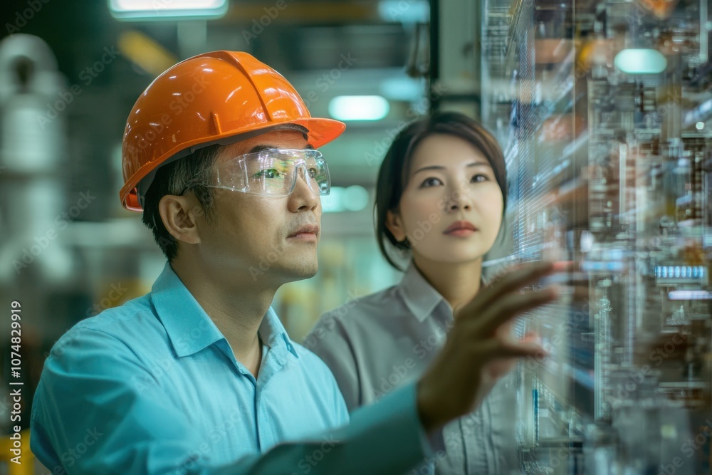 Two Asian colleagues engage in a productive discussion while examining machinery components in a high-tech manufacturing facility. Their focus highlights teamwork and innovation.