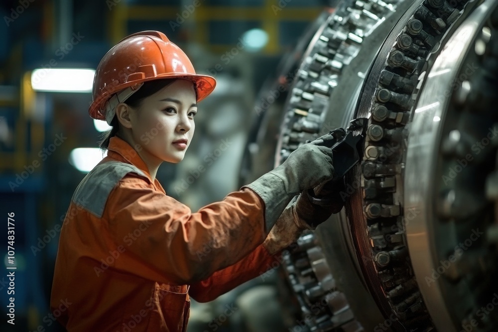 Two Asian employees are engaged in detailed maintenance of large industrial equipment in a factory, ensuring optimal functionality and safety during operations.