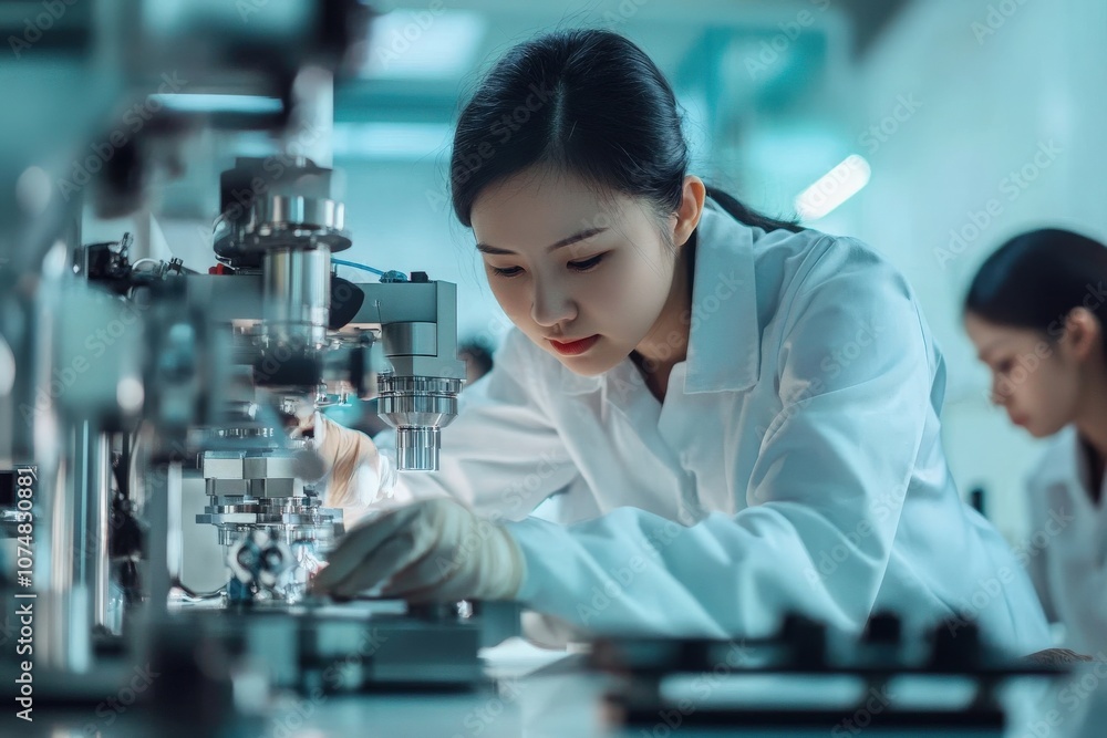 Two Asian engineers are closely examining machinery components for quality control in a production facility. They focus on ensuring precision and operational efficiency.
