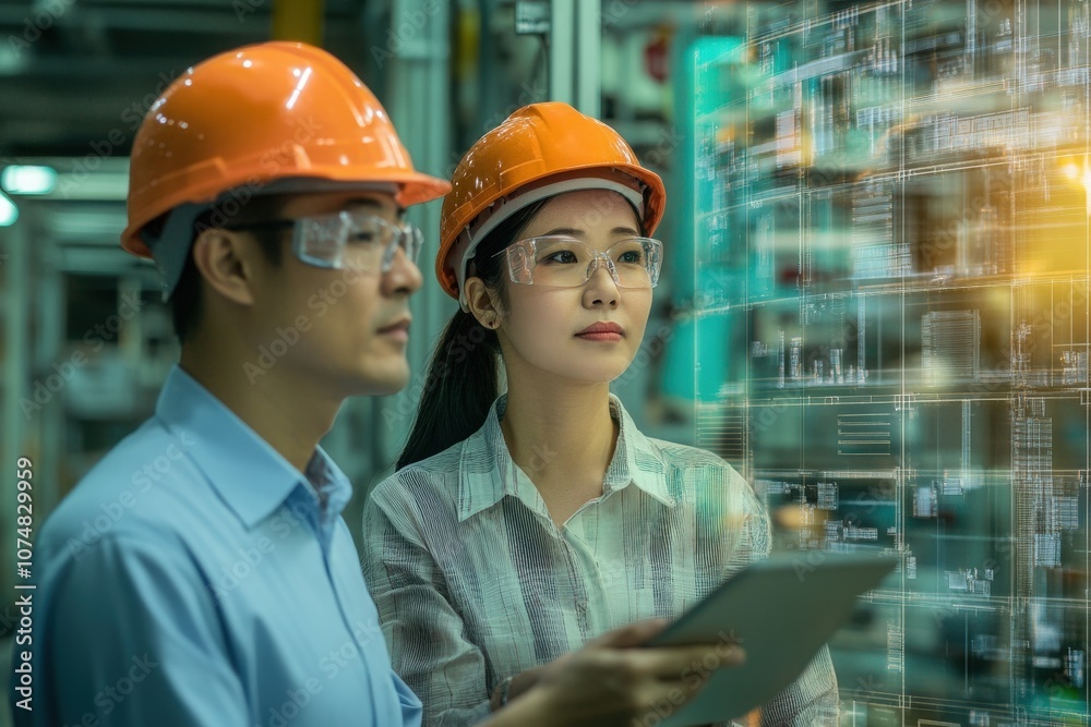 Two Asian individuals are engaged in a manufacturing project, examining data on a tablet while surrounded by advanced technology in a contemporary industrial setting.