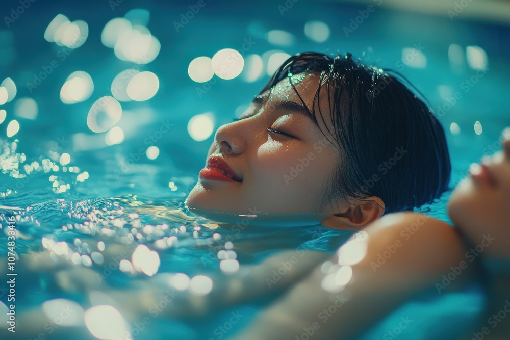 Two Asian individuals are seen enjoying a refreshing swim in a bright, modern pool, basking in the afternoon sun and creating a serene atmosphere.