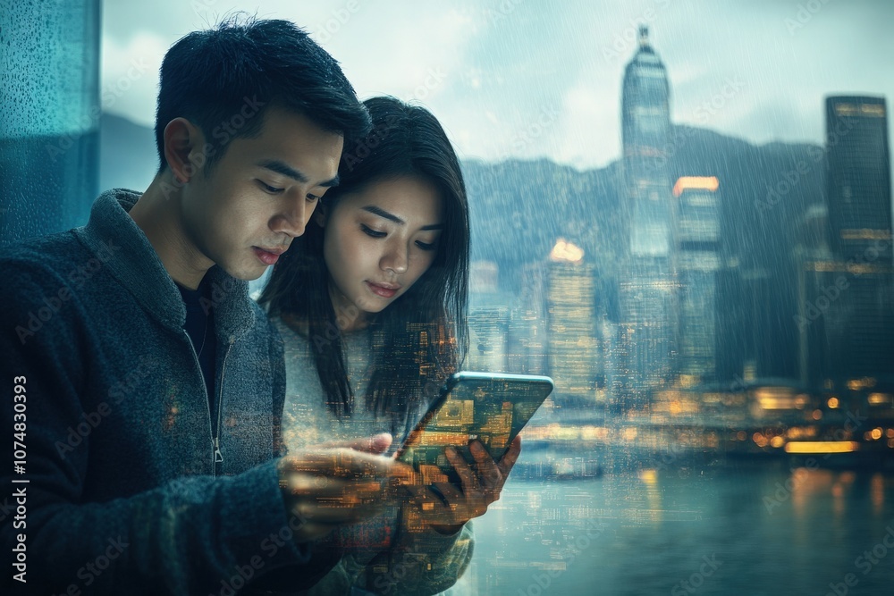 Two Asian individuals focus intently on their mobile devices while working on app development against a stunning urban backdrop, highlighting technology and creativity in a bustling city.