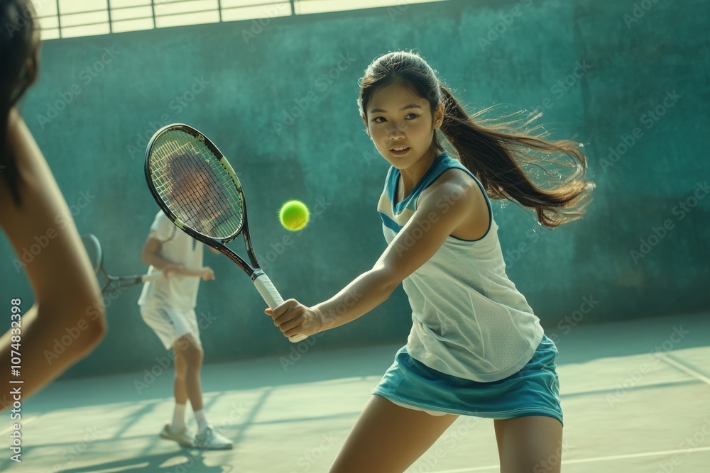 Two Asian players are engaged in an exciting tennis match on an outdoor court under clear skies. One player prepares to hit the ball while the other is poised for action.