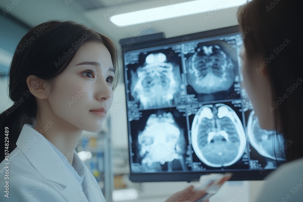 Two Asian professionals are closely examining x-rays on a digital screen in a healthcare setting, discussing findings with focus and precision.