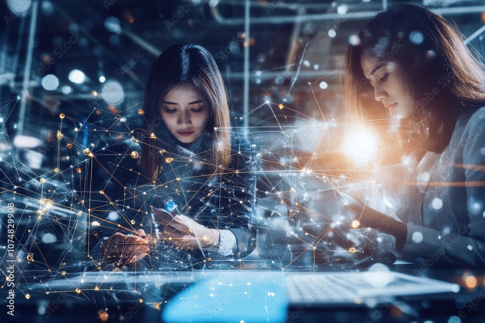 Two Asian professionals engage in collaborative manufacturing efforts, utilizing technology and working together in a contemporary environment focused on innovation and efficiency.