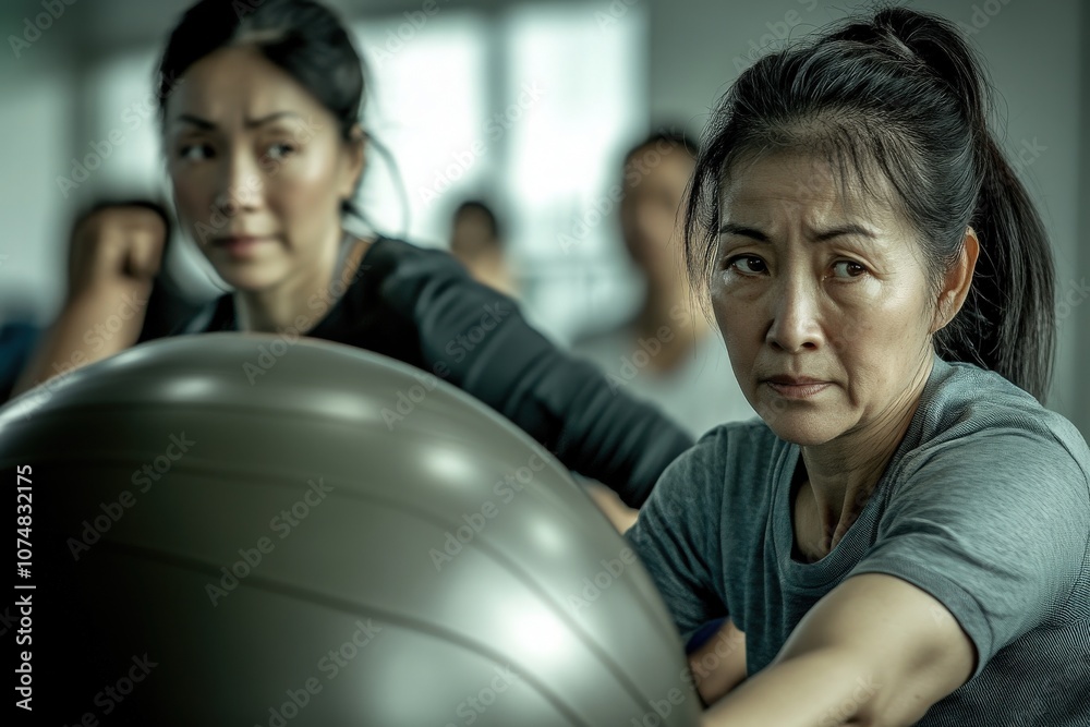 Two Asian women focus during physical therapy, utilizing stability balls to improve strength and flexibility in a bright rehabilitation center filled with other participants.