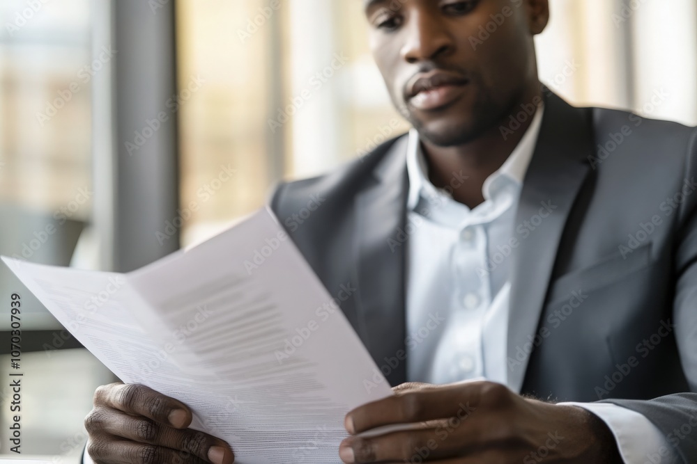 Two Black professionals are engaged in a detailed review of documents at a sleek office desk, concentrating on the task at hand and discussing key points illuminated by natural light.