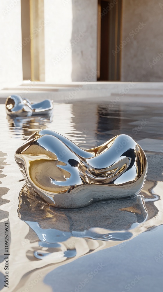 Two abstract metallic sculptures rest effortlessly on the calm surface of a reflecting pool amidst a minimalistic courtyard during daylight, creating a tranquil atmosphere.