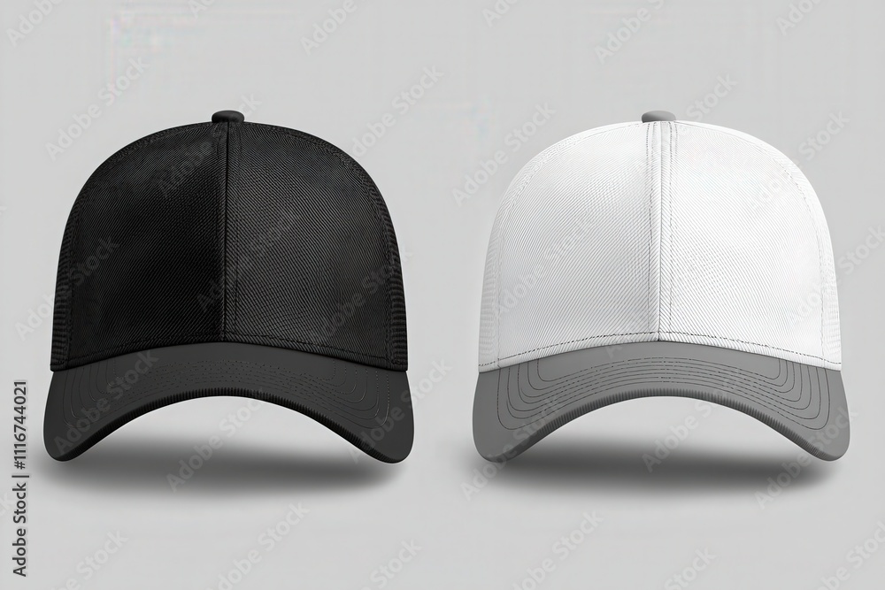 Two baseball caps, one black and one white, are showcased side by side on a gray background. The caps feature contrasting brims and a simple design, ideal for sports or casual wear.