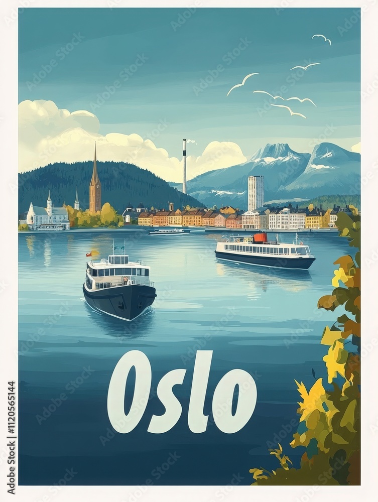 Two boats float serenely in the water, surrounded by a picturesque Oslo cityscape. Mountain peaks rise in the distance, while vibrant greenery frames the view.