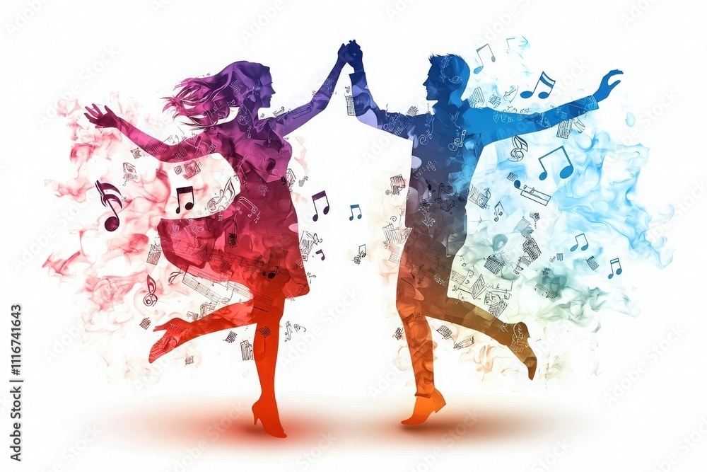 Two dancers, a man and a woman, engage in a lively dance filled with swirling colors. Musical notes and symbols surround them, enhancing the vibrant energy of their performance.