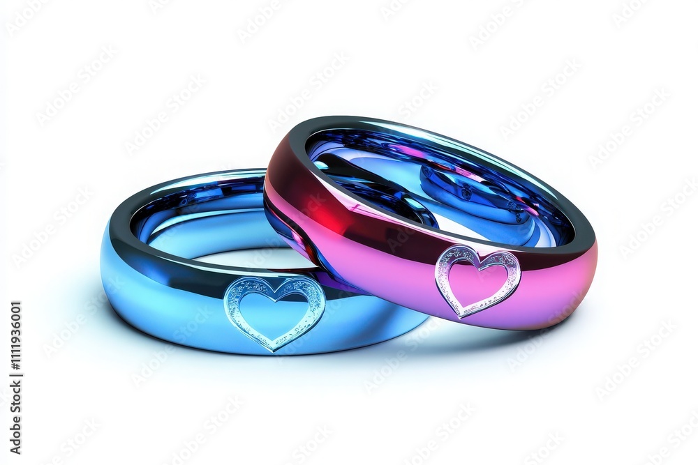 Two distinct rings are interlocked, showcasing a heart design on each band. One is a deep blue hue while the other is a vibrant pink, representing unity and affection between partners.