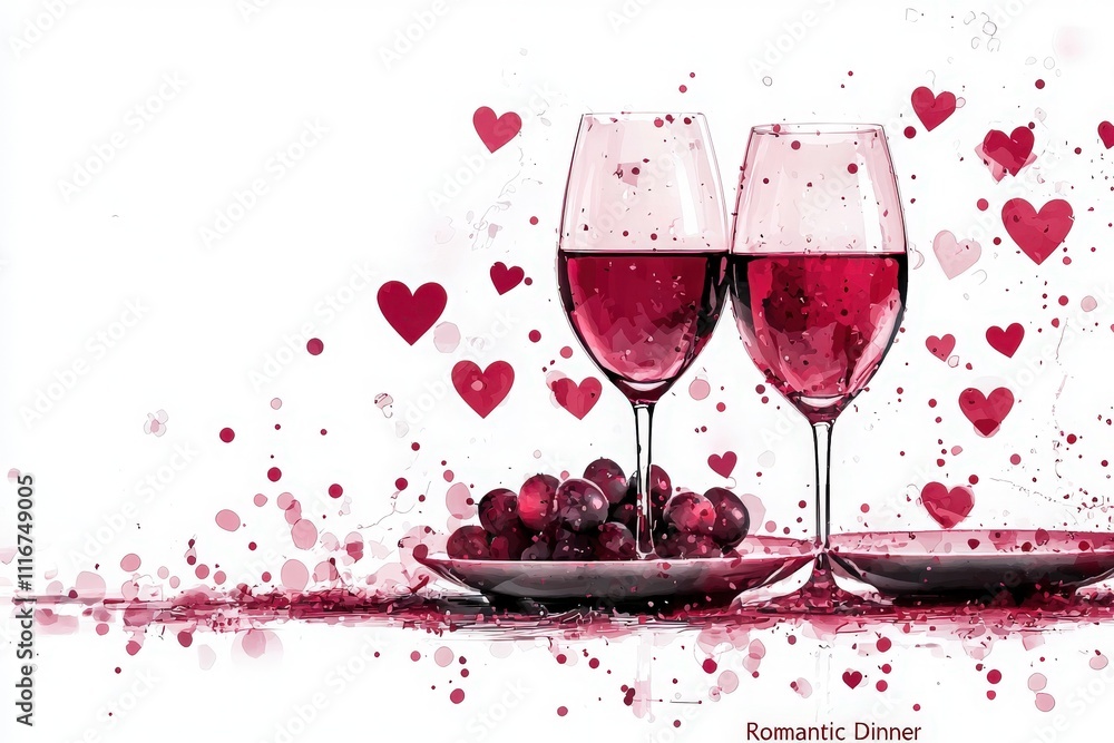 Two glasses of red wine rest beside a plate of grapes, surrounded by a playful display of hearts. This cozy arrangement is perfect for a romantic dinner for lovers.