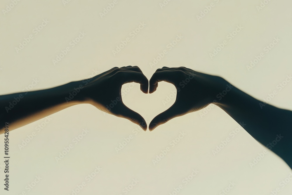 Two hands come together to form a heart shape, silhouetted against a gentle backdrop. The soft colors evoke a sense of love and connection during twilight.