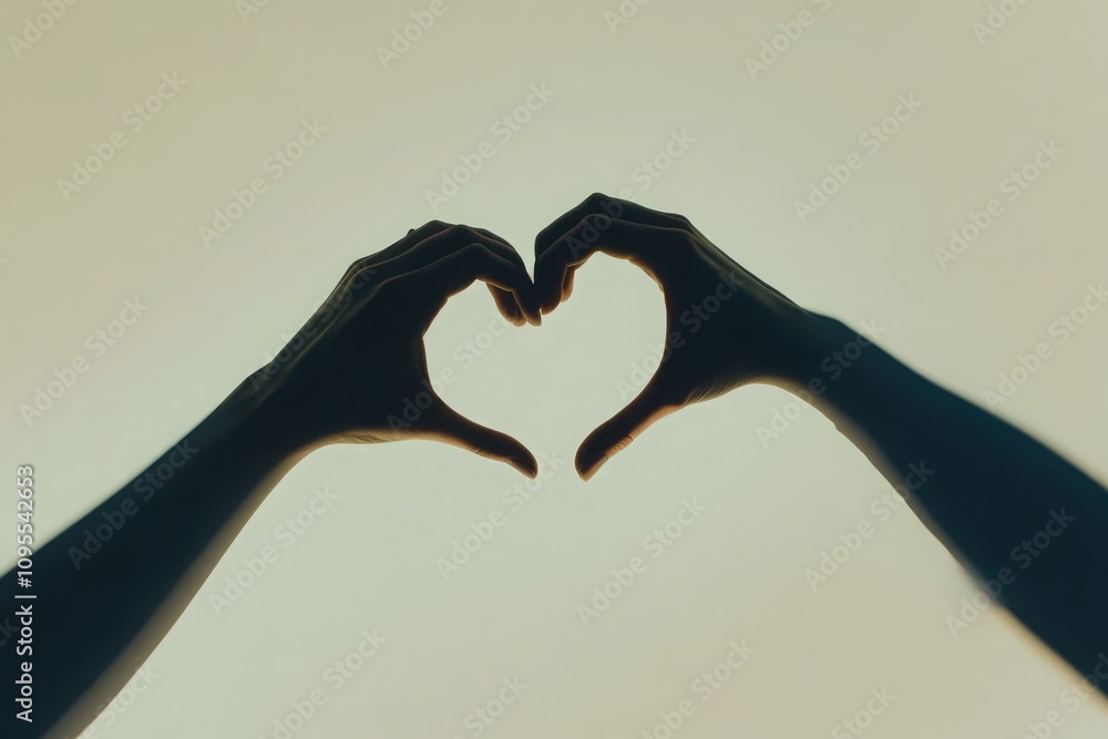 Two hands create a heart shape against a gentle backdrop during sunset. The unique silhouette captures a moment of love and connection, inviting warmth and affection.