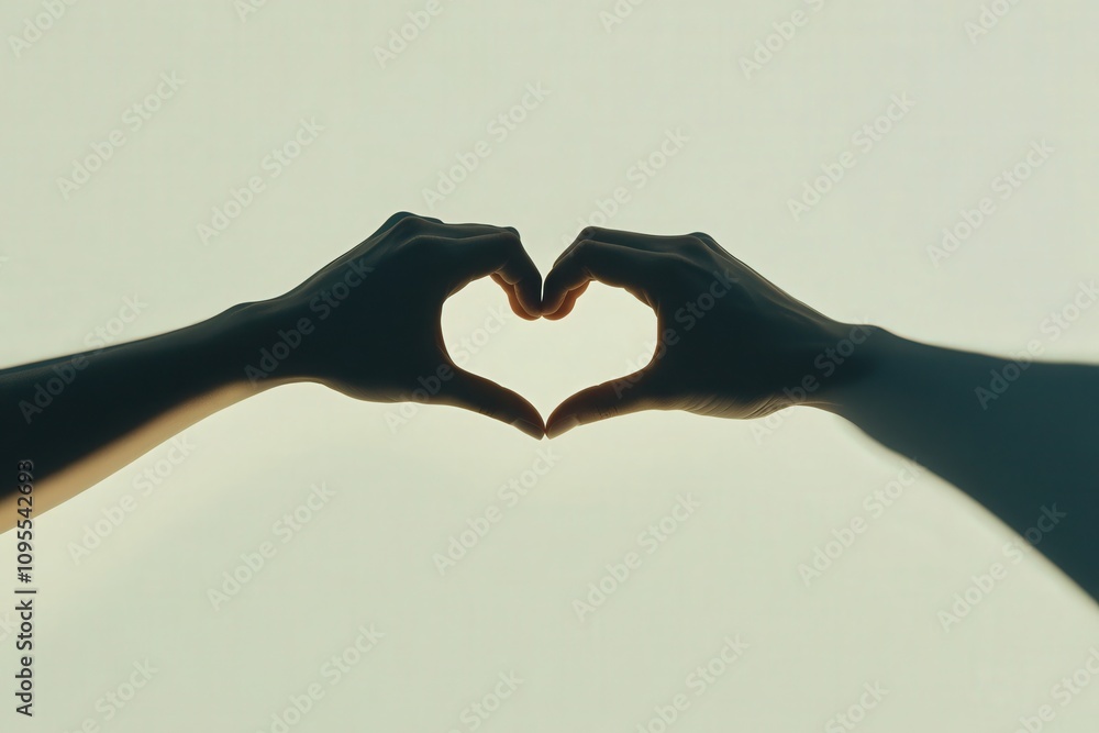 Two hands create a heart shape against a gentle light backdrop, symbolizing love and connection. The soft lighting enhances the emotional atmosphere of the moment, inviting warmth.
