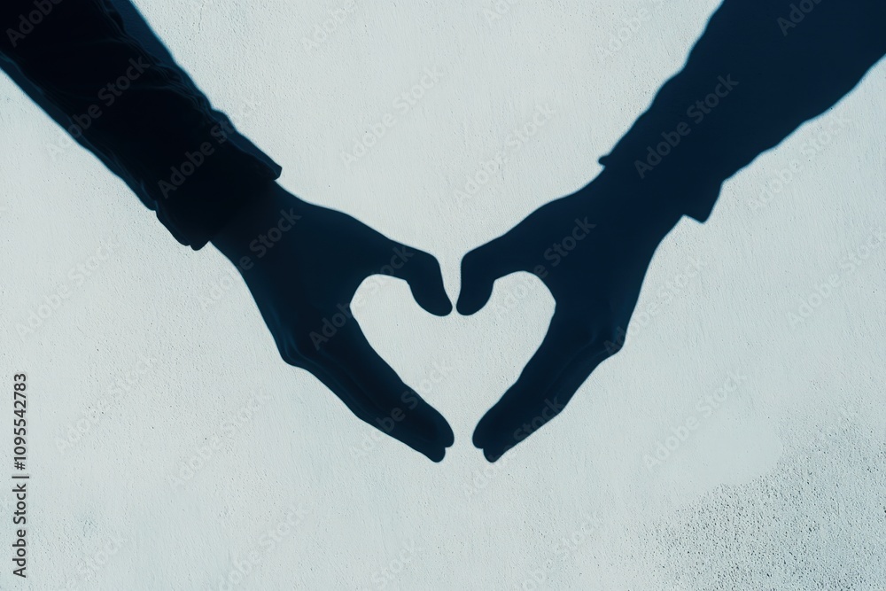 Two hands create a heart shape with their fingers, casting a shadow on a light background. This gesture symbolizes love and connection between individuals in a serene environment.